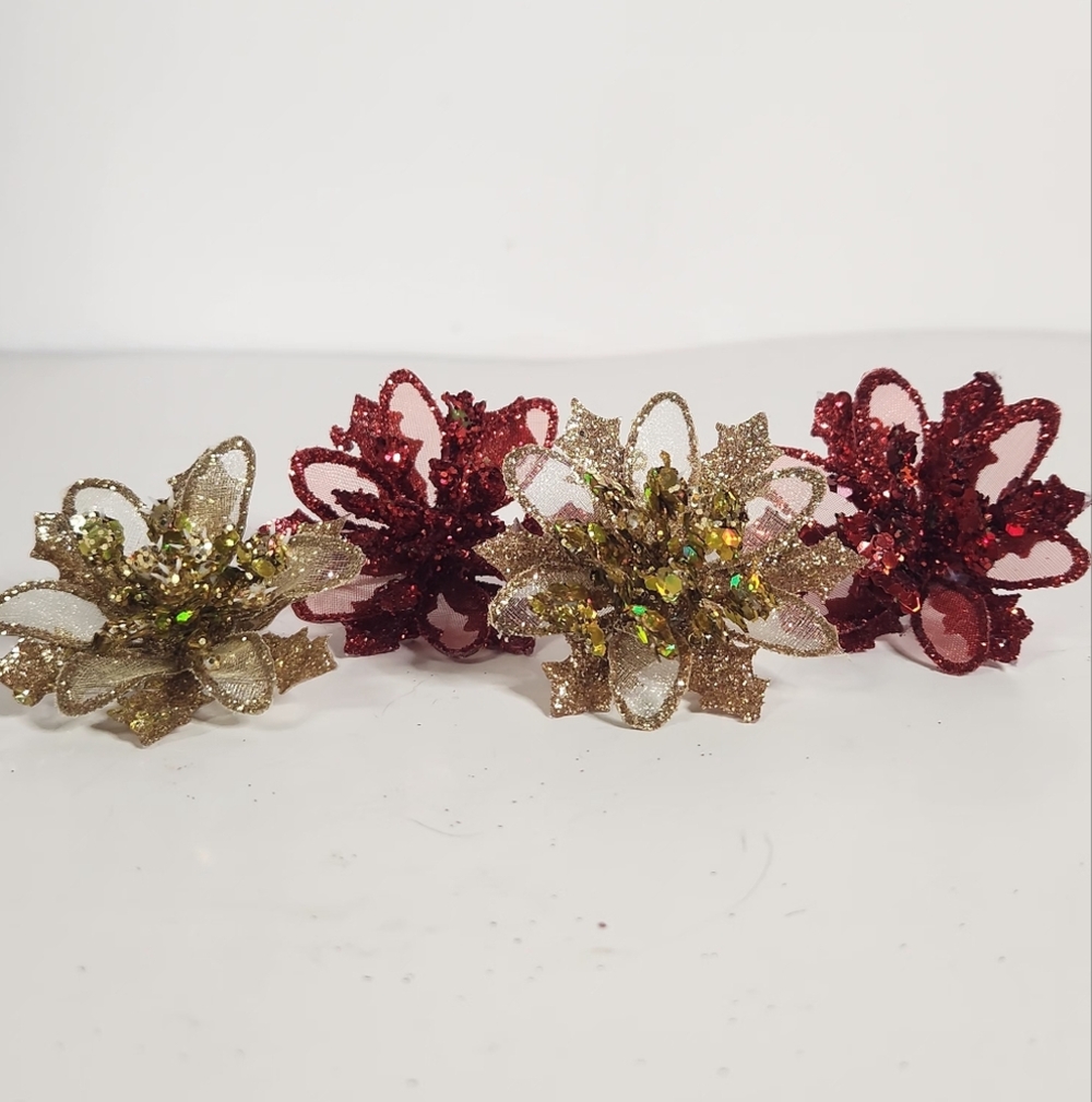RED AND GOLD GLITTER FLOWER ORNAMENTS SET OF 4 - Picture 2 of 7